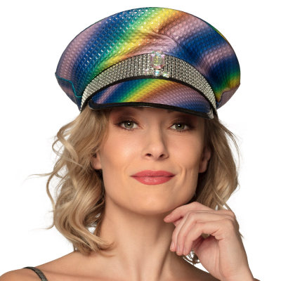 A shiny rainbow-coloured cap with black brim and shiny stones.