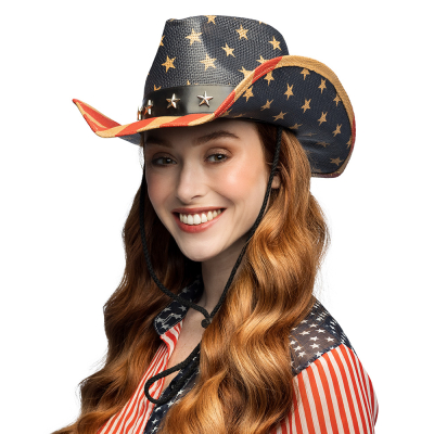 Cowboyhoed met Amerikaanse vlag en sterrenprint, d� eyecatcher voor western parties, themafeesten en 4th of July vieringen.