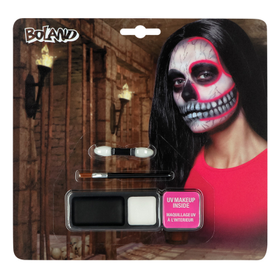 Face paint kit for a skull print. Blister pack with a print of a woman painted as a skull with neon pink lines. The pack includes face paint, a sponge and applicator. 