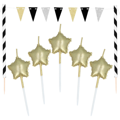 5 gold-coloured candles on a toothpick in the shape of a star, 2 black and white striped sticks and a mini flag line in silver, black and gold.