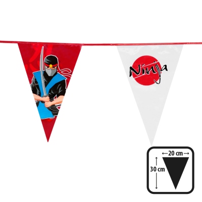 Part of a flag line with a red pointed flag with print of a tough ninja and a white pointed flag with print of red circle with the text Ninja. Dimensions of the flags are shown at the bottom right.
