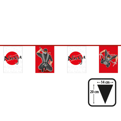 Part of a flagline with alternating white rectangular flag with print of red circle with text Ninja and a red rectangular flag with print of tough ninja.