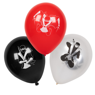 3 Luftballons in rot, wei� und schwarz mit Ninja-Aufdruck.