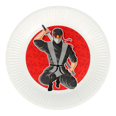 Round paper plate with ninja print.