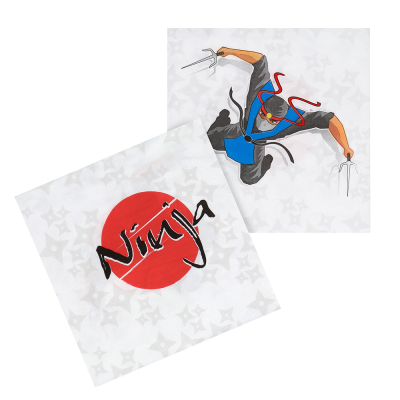 Paper napkins with a print of the word ninja on one side and a print of a tough ninja on the other.