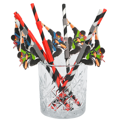 Glass with black/white and black/red straws with ninja decoration.
