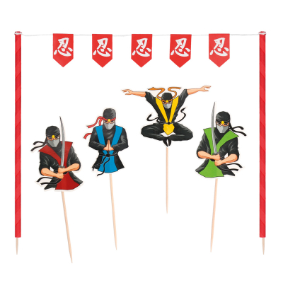 Cake decoration kit with 4 ninja decorations on toothpicks and 2 sticks with a mini flag line with ninja print in between.