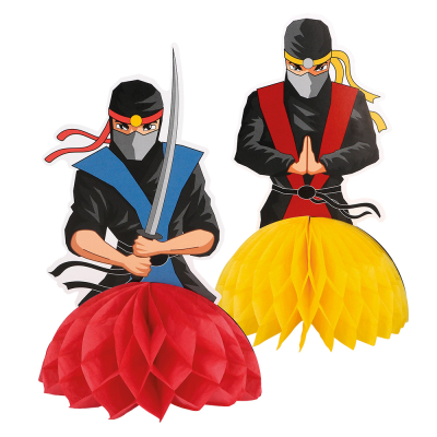 2 cool ninja honeycomb table decorations; 1 with a yellow honeycomb and 1 with a red honeycomb.
