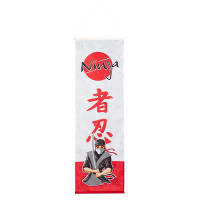 Polyester banner with print of a tough ninja, Japanese characters and the text ninja on a red circle.
