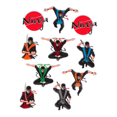 Sticker sheet with 10 ninja 3D foam stickers.