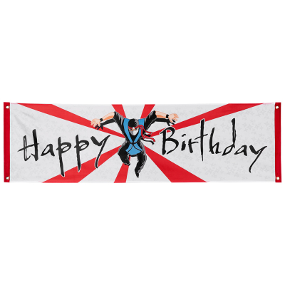 Polyester banner met stoere ninja en de tekst Happy Birthday.
