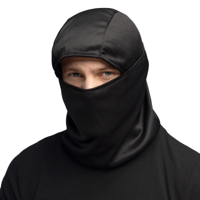 Man wearing a black ninja cap.
