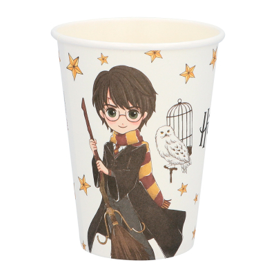 White paper cup with Harry Potter print showing Harry Potter himself and his owl Hedwig.