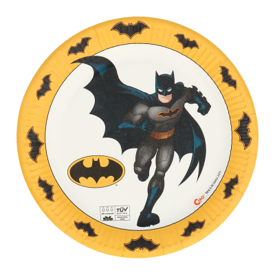 Batman-Papierteller mit einem Bild von Batman in der Mitte, daneben das Batman-Logo und rundherum ein gelber Rand mit dem schwarzen Batman-Logo in verschiedenen Größen.