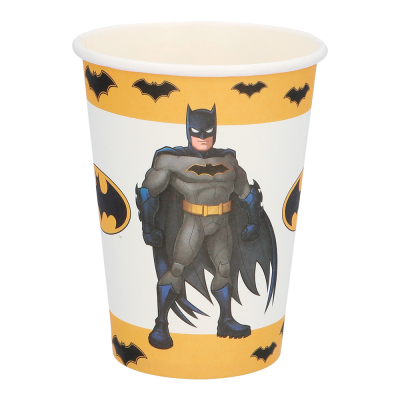 Paper Batman cup with an image of Batman and the batman logo in the centre and a yellow border at the top and bottom with the black batman logo again in various sizes.