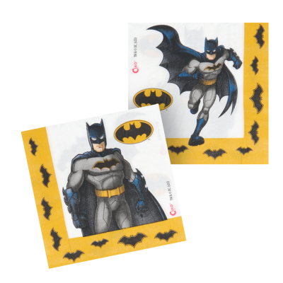Batman-Papierservietten mit einem stehenden und einem rennenden Batman auf der einen Seite und einem gelben Rand mit schwarzen Batman-Logos auf beiden Servietten.
