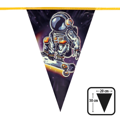 Polyester pointed flag with print of a tough astronaut. The flag is part of a flag line. The bottom right shows the dimensions of the flags.