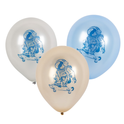 Latex balloon in gold, silver and blue with print of a skateboarding astronaut. 