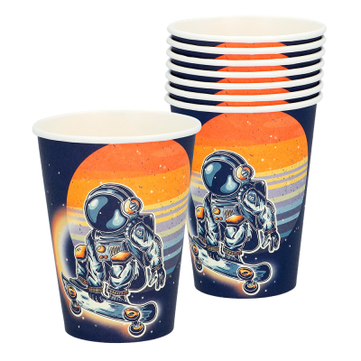 Stack of paper cups with Space print of a cool astronaut. Next to it is 1 loose cup.