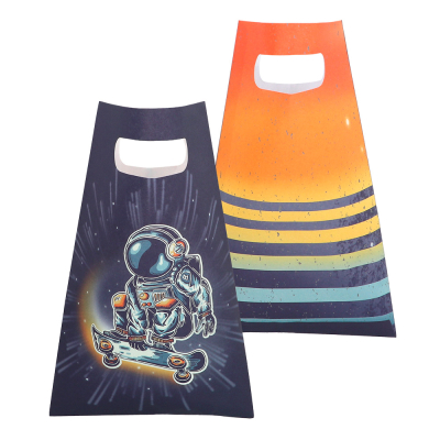 2 paper space sharing bags with handle: one bag is striped, the other has a print of a cool astronaut.
