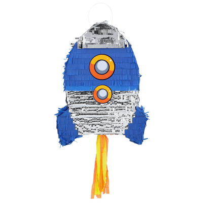 Space pull pinata in the shape of a rocket.