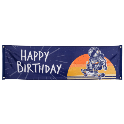 Polyester banner with print of a cool astronaut and the text Happy Birthday