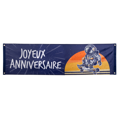 Polyester banner met opdruk van een stoere astronaut en de tekst Joyeux Anniversaire.