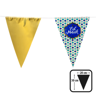 Part of a flag line with a gold pointed flag and a printed pointed flag with Eid Mubarak. The bottom right shows the dimensions of the flags.