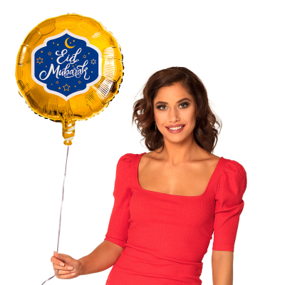 Runder, goldener Folienballon mit Aufdruck Eid Mubarak.