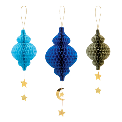 3 Eid Mubaraka honeycomb hanging decorations in dark blue, turquoise and gold in oriental style with stars and a moon. 
