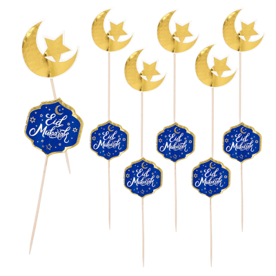 5 Cocktail sticks with Eid Mubarak decoration and 5 cocktail sticks decorated with a golden moon and star.