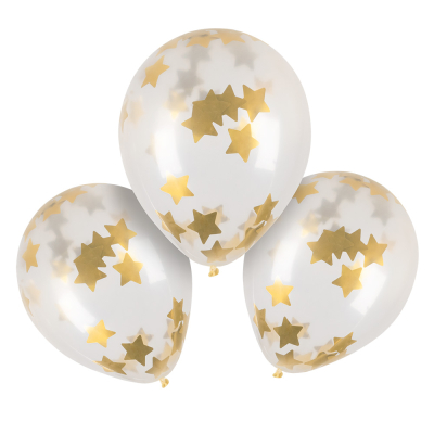 3 Eid mubarak confetti balloons with gold stars.