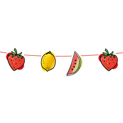 Deel van een slinger met kleine fruit versieringen zoals een citroentje, watermeloentje en aardbei.