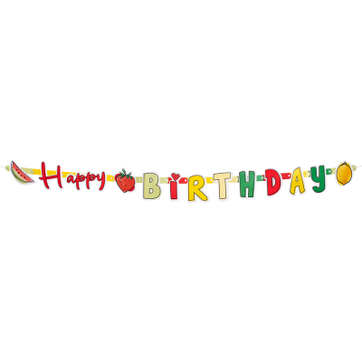 Letterslinger met de tekst 'Happy Birthday' in een vrolijke kleurrijke font en een watermeloen, citroen en aardbei als versiering