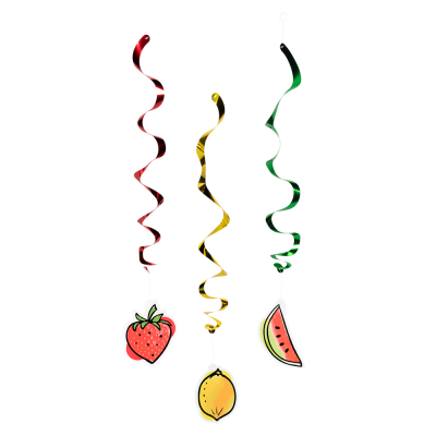 2 decoration swirls in different colours and designs: red with a strawberry, yellow with a lemon and green with a watermelon.