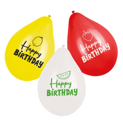Ballon en latex rouge, blanc et jaune "Joyeux anniversaire" avec différents motifs de fruits