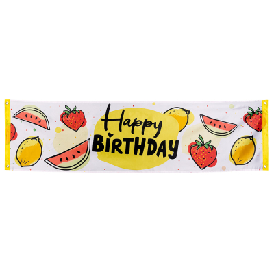 Banner with watermelon, lemon and strawberry design and the text 'Happy Birthday'.
