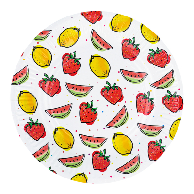 Disposable plate with a colourful fruit design featuring lemons, watermelons and strawberries.