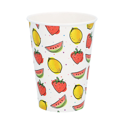 Disposable cup with cheerful fruit design with small lemons, water melons and strawberries.