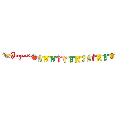 Letterslinger met de tekst 'Joyeux Anniversaire' in een vrolijke kleurrijke font en een watermeloen, citroen en aardbei als versiering