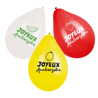 Roter, weißer und gelber 'Joyeux Anniversaire'-Latexballon mit verschiedenen Fruchtmotiven