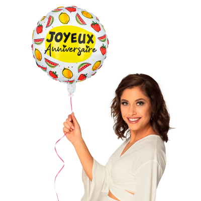 White foil balloon with watermelon, lemon and strawberry design and the text 'Joyeux Anniversaire'
