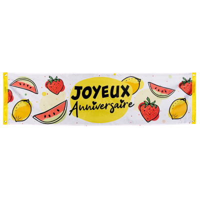 Banner met watermeloen, citroen en aardbei design en de tekst 'Joyeux Anniversaire'