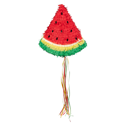 Pull piñata in the shape of a watermelon piece with coloured strings to pull on