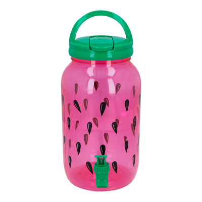 Summer drink dispenser in red with the print of watermelon seeds. The lid and tap are green. 