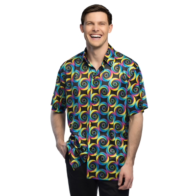 Man with black shirt in size XXL with colourful psychedelic swirl print, perfect for wrong parties, disco theme parties and carnival.