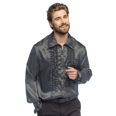 Man with black retro shirt in size M with shiny fabric and ruffles on the front, perfect for disco parties, wrong parties and carnival.
