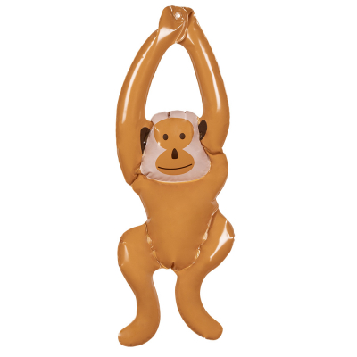 Opblaasbare aap met zijn armen omhoog en aan elkaar, zodat je hem makkelijk op kan hangen.