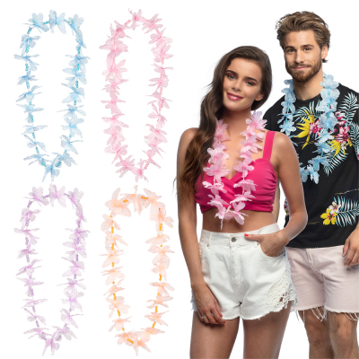 4 hawaiian flower wreaths with beads in the following pastel colours: blue, pink, lilac and salmon and a man and woman wearing one of the leis.