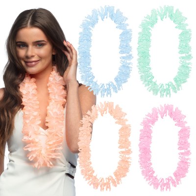4 hawaii flower wreaths in pastel colours blue, pink, mint and salmon and a woman wearing a salmon hawaii wreath